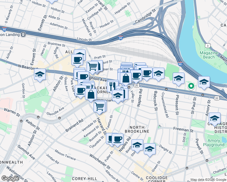 map of restaurants, bars, coffee shops, grocery stores, and more near 1131 Commonwealth Avenue in Boston