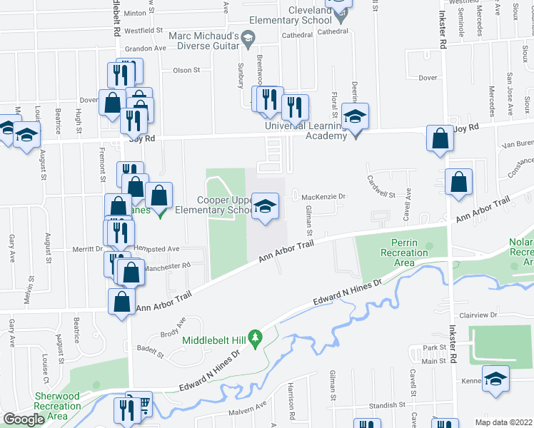 map of restaurants, bars, coffee shops, grocery stores, and more near 28550 Ann Arbor Trail in Westland