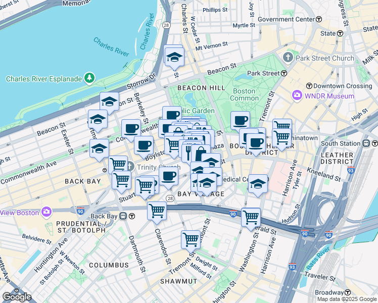 map of restaurants, bars, coffee shops, grocery stores, and more near Arlington Street in Boston