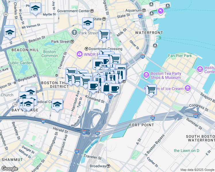 map of restaurants, bars, coffee shops, grocery stores, and more near 711 Atlantic Avenue in Boston