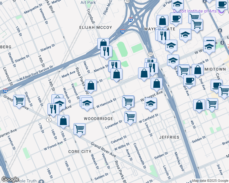 map of restaurants, bars, coffee shops, grocery stores, and more near 1534 West Hancock Street in Detroit