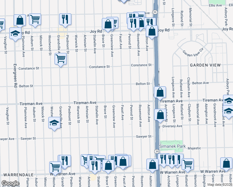 map of restaurants, bars, coffee shops, grocery stores, and more near 8027 Faust Avenue in Detroit