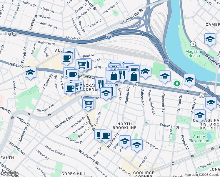 map of restaurants, bars, coffee shops, grocery stores, and more near 1125 Commonwealth Avenue in Boston