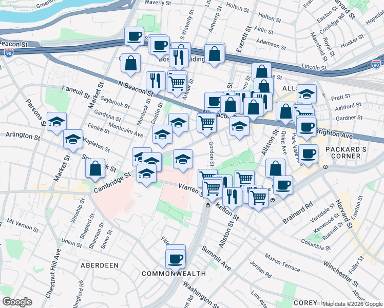 map of restaurants, bars, coffee shops, grocery stores, and more near 40B Ridgemont Street in Boston