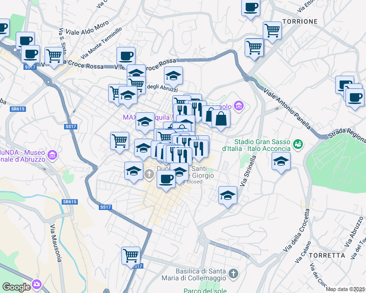 map of restaurants, bars, coffee shops, grocery stores, and more near Via Tempera in L'Aquila