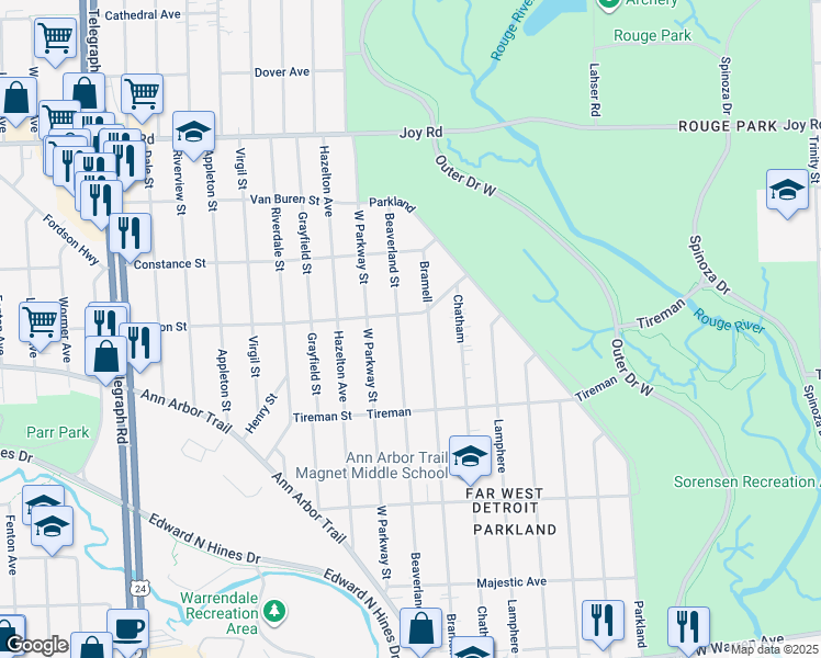 map of restaurants, bars, coffee shops, grocery stores, and more near 8166 Beaverland Street in Detroit