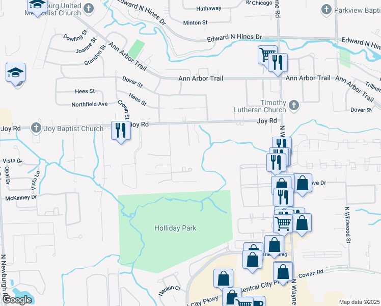 map of restaurants, bars, coffee shops, grocery stores, and more near 8450 Dakota Street in Westland
