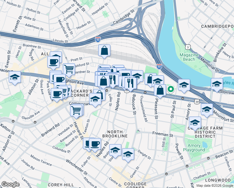 map of restaurants, bars, coffee shops, grocery stores, and more near 176 Naples Road in Brookline