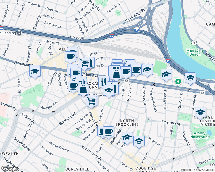 map of restaurants, bars, coffee shops, grocery stores, and more near 1131 Commonwealth Avenue in Boston