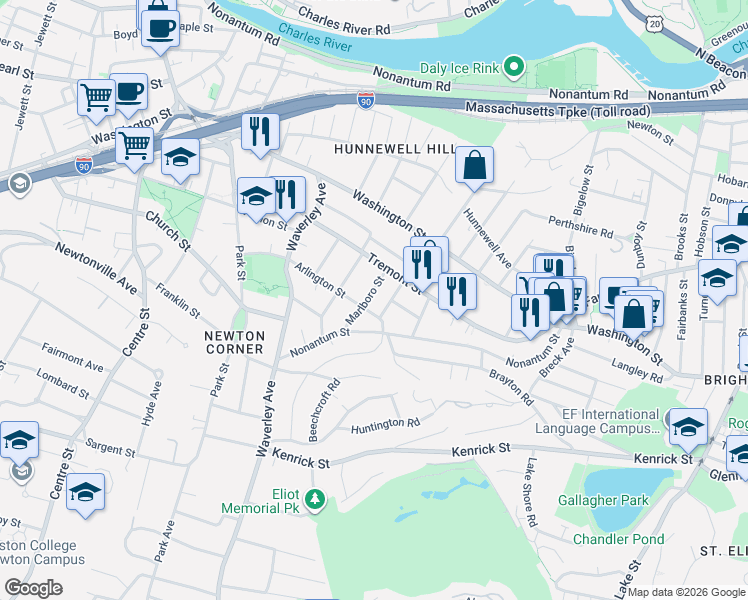 map of restaurants, bars, coffee shops, grocery stores, and more near 32 Arlington Street in Newton