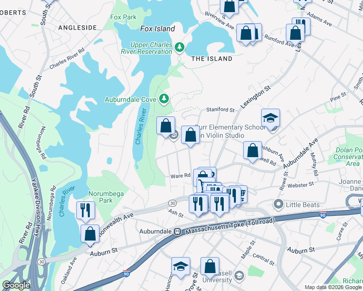 map of restaurants, bars, coffee shops, grocery stores, and more near 16 Chaske Avenue in Newton