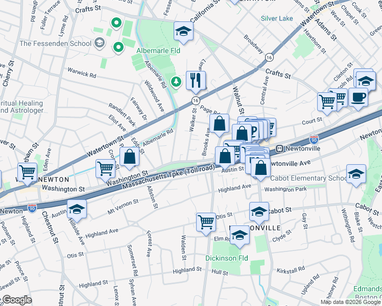 map of restaurants, bars, coffee shops, grocery stores, and more near 973 Washington Street in Newton