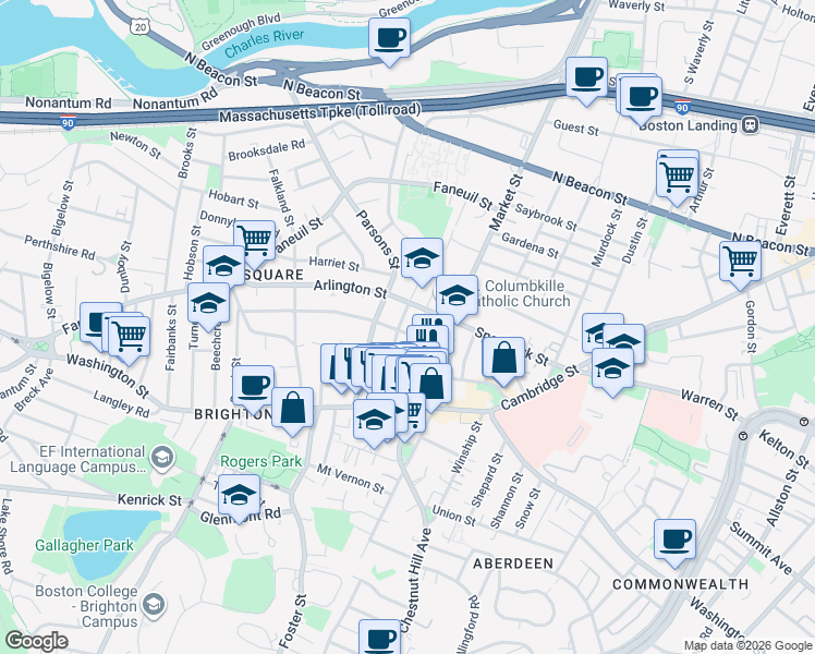 map of restaurants, bars, coffee shops, grocery stores, and more near 55 Leicester Street in Boston