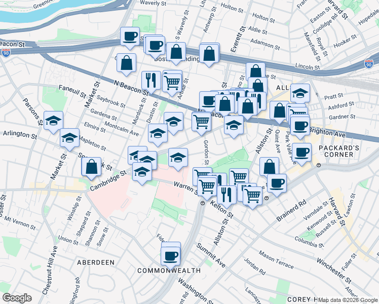 map of restaurants, bars, coffee shops, grocery stores, and more near 40B Ridgemont Street in Boston