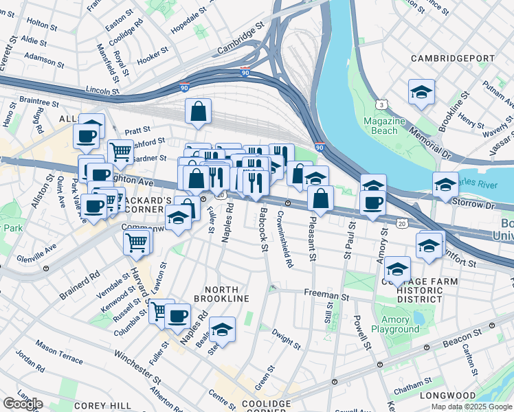 map of restaurants, bars, coffee shops, grocery stores, and more near 20 Winslow Road in Brookline