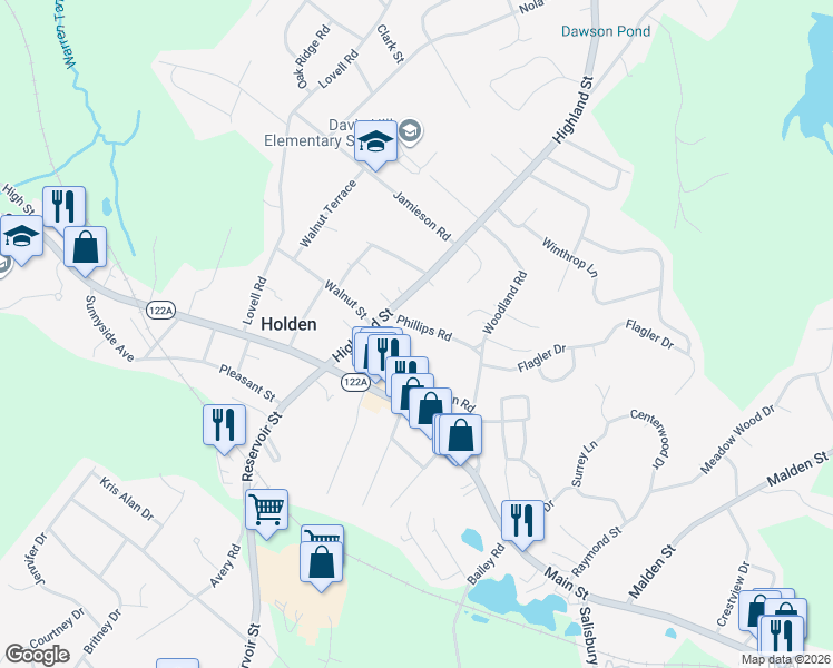 map of restaurants, bars, coffee shops, grocery stores, and more near 21 Phillips Road in Holden