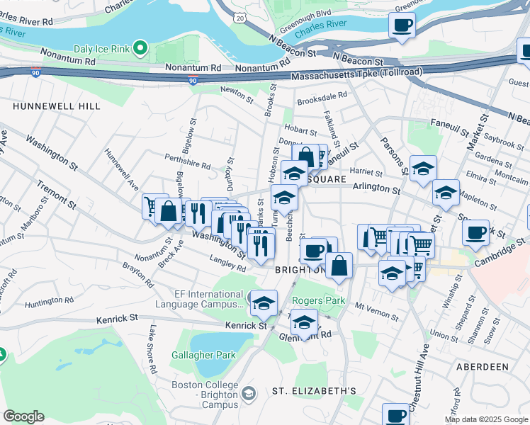 map of restaurants, bars, coffee shops, grocery stores, and more near 52 Fairbanks Street in Boston