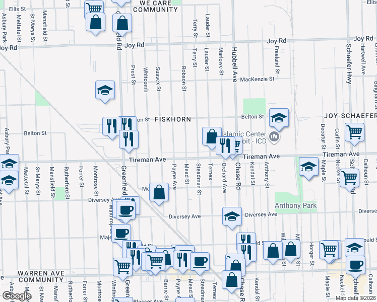 map of restaurants, bars, coffee shops, grocery stores, and more near 8026 Robson Street in Detroit