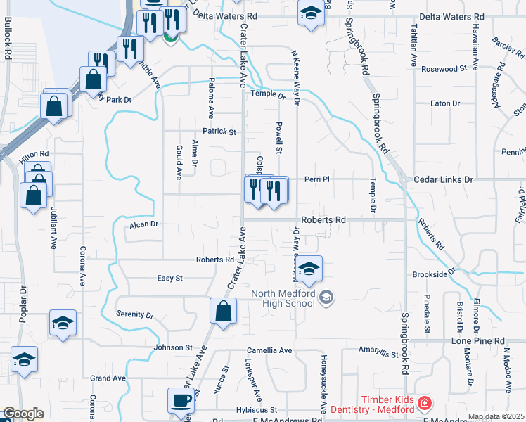 map of restaurants, bars, coffee shops, grocery stores, and more near 2043 Roberts Road in Medford