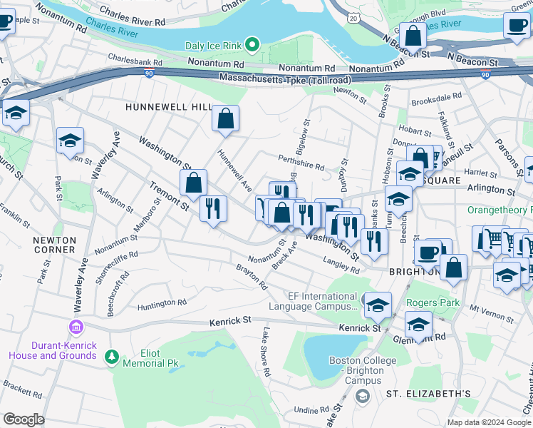 map of restaurants, bars, coffee shops, grocery stores, and more near 649 Washington Street in Boston