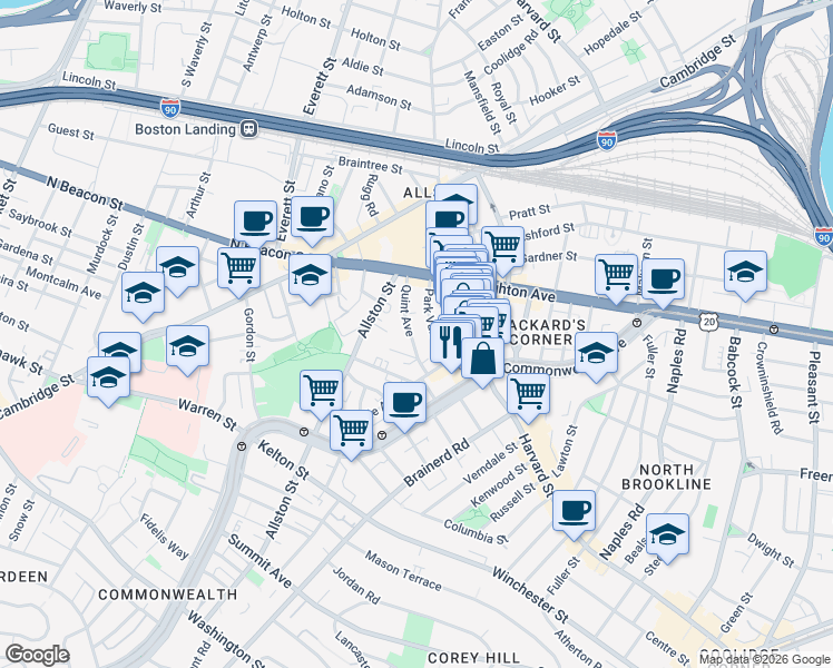 map of restaurants, bars, coffee shops, grocery stores, and more near 10-14 Park Vale Avenue in Boston