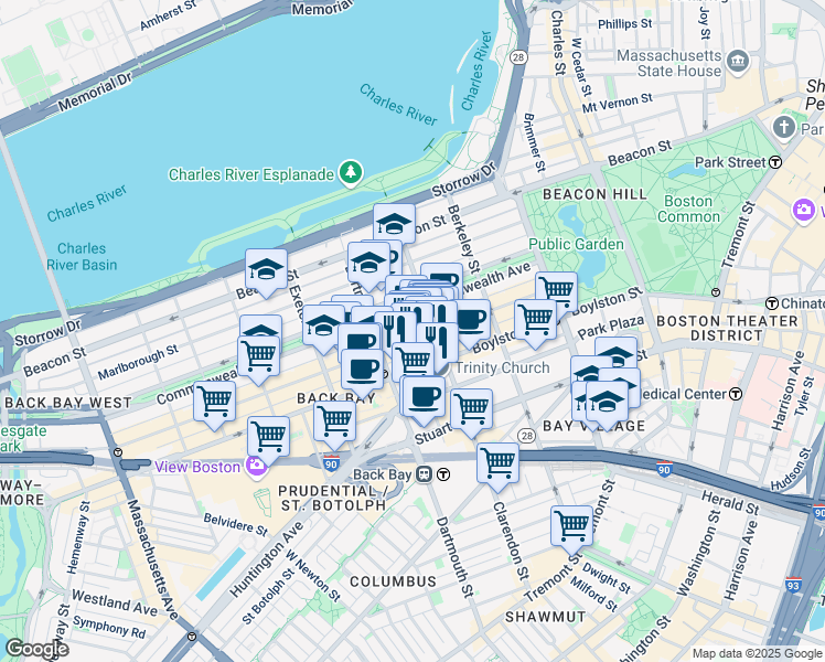 map of restaurants, bars, coffee shops, grocery stores, and more near 130B Newbury Street in Boston