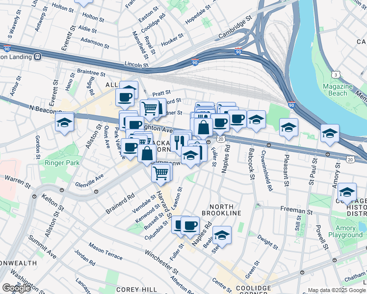 map of restaurants, bars, coffee shops, grocery stores, and more near 1131 Commonwealth Avenue in Boston