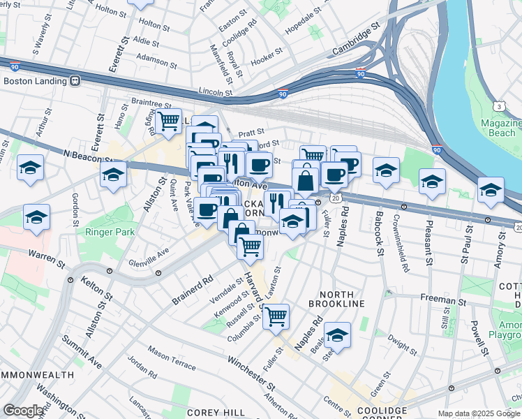 map of restaurants, bars, coffee shops, grocery stores, and more near 22 Chester Street in ALLSTON