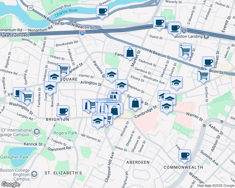 map of restaurants, bars, coffee shops, grocery stores, and more near 359 Market Street in Boston