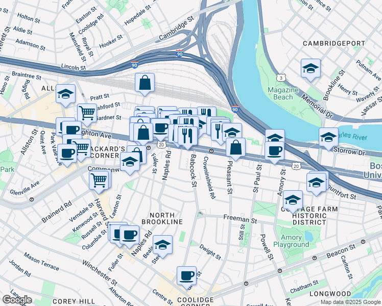 map of restaurants, bars, coffee shops, grocery stores, and more near 973 U.S. 20 in Boston