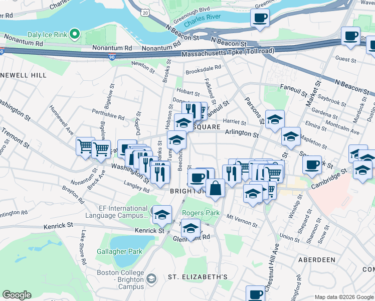 map of restaurants, bars, coffee shops, grocery stores, and more near 59 Brock Street in Boston