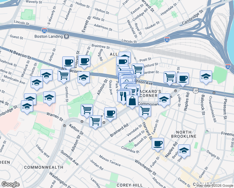 map of restaurants, bars, coffee shops, grocery stores, and more near 10-14 Park Vale Avenue in Boston