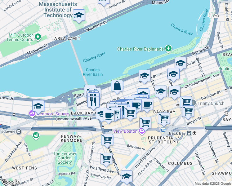 map of restaurants, bars, coffee shops, grocery stores, and more near 18 Hereford Street in Boston