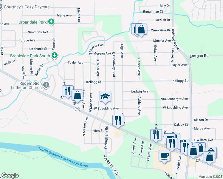 map of restaurants, bars, coffee shops, grocery stores, and more near 94 North Woodlawn Avenue in Battle Creek