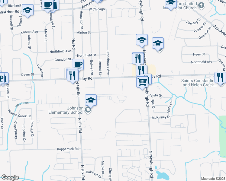 map of restaurants, bars, coffee shops, grocery stores, and more near 37830 Westwood Circle in Westland