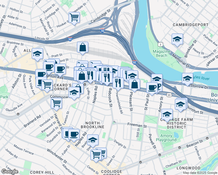 map of restaurants, bars, coffee shops, grocery stores, and more near 973 U.S. 20 in Boston