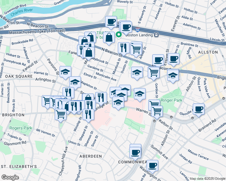 map of restaurants, bars, coffee shops, grocery stores, and more near 697 Cambridge Street in Boston