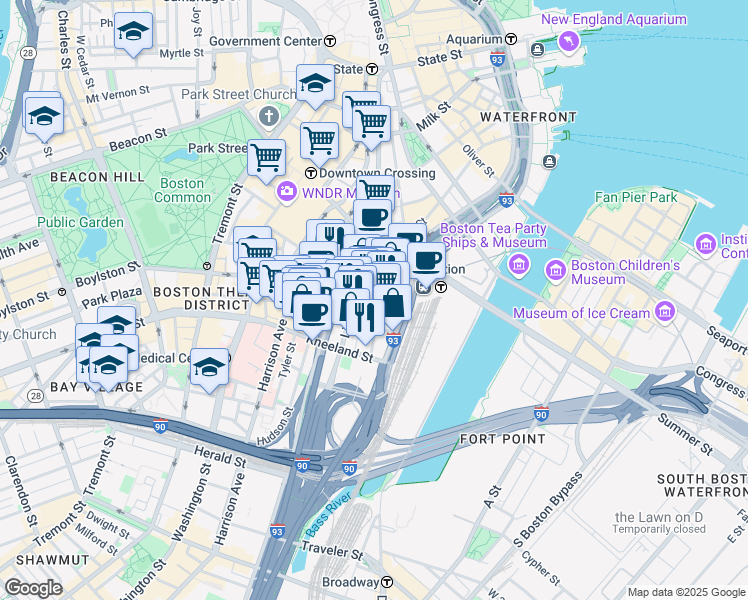 map of restaurants, bars, coffee shops, grocery stores, and more near in Boston