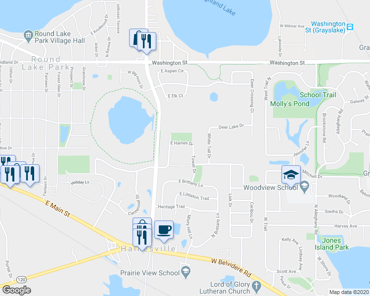 map of restaurants, bars, coffee shops, grocery stores, and more near 105 East Haines Drive in Grayslake