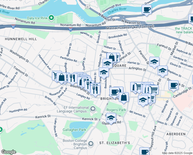 map of restaurants, bars, coffee shops, grocery stores, and more near 63 Fairbanks Street in Boston