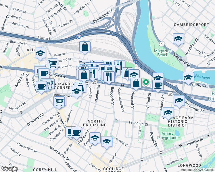 map of restaurants, bars, coffee shops, grocery stores, and more near 20 Winslow Road in Brookline