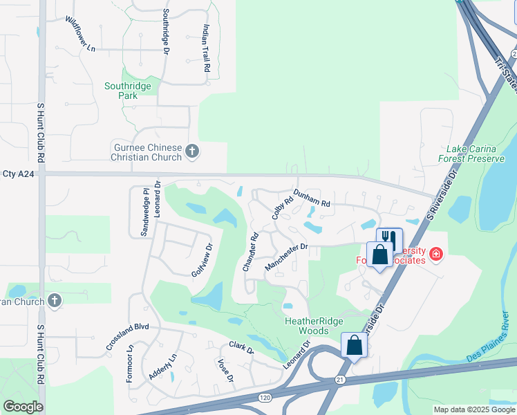 map of restaurants, bars, coffee shops, grocery stores, and more near 650 Whitney Court in Gurnee