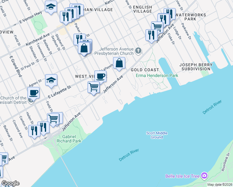map of restaurants, bars, coffee shops, grocery stores, and more near 8120 East Jefferson Avenue in Detroit
