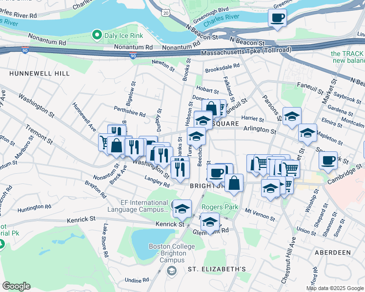 map of restaurants, bars, coffee shops, grocery stores, and more near 63 Fairbanks Street in Boston