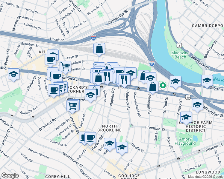 map of restaurants, bars, coffee shops, grocery stores, and more near 176 Naples Road in Brookline