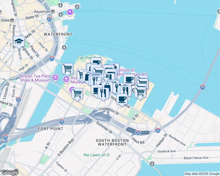 map of restaurants, bars, coffee shops, grocery stores, and more near 142 Pier 4 Boulevard in Boston