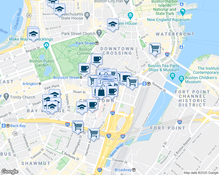 map of restaurants, bars, coffee shops, grocery stores, and more near in Boston