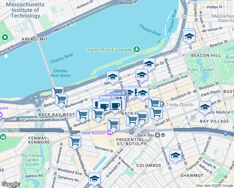 map of restaurants, bars, coffee shops, grocery stores, and more near 225 Commonwealth Avenue in Boston