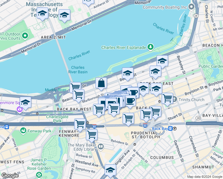 map of restaurants, bars, coffee shops, grocery stores, and more near 11 Gloucester Street in Boston