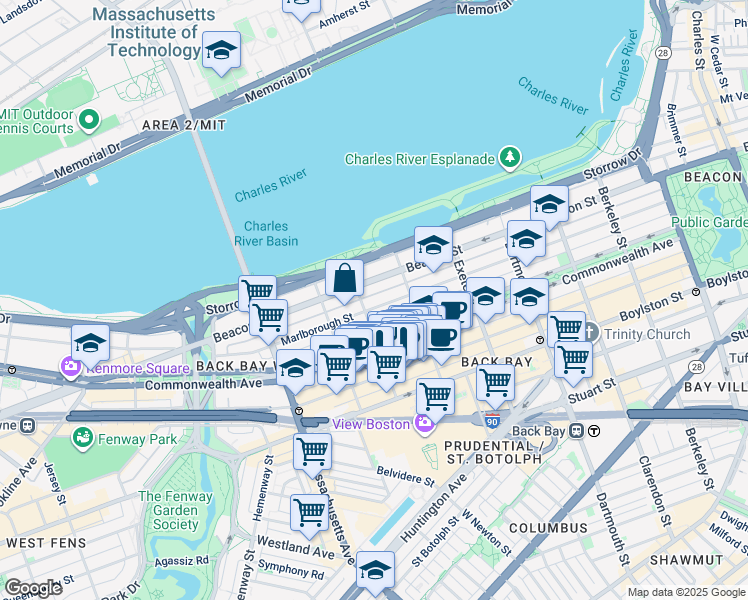 map of restaurants, bars, coffee shops, grocery stores, and more near 11 Gloucester Street in Boston